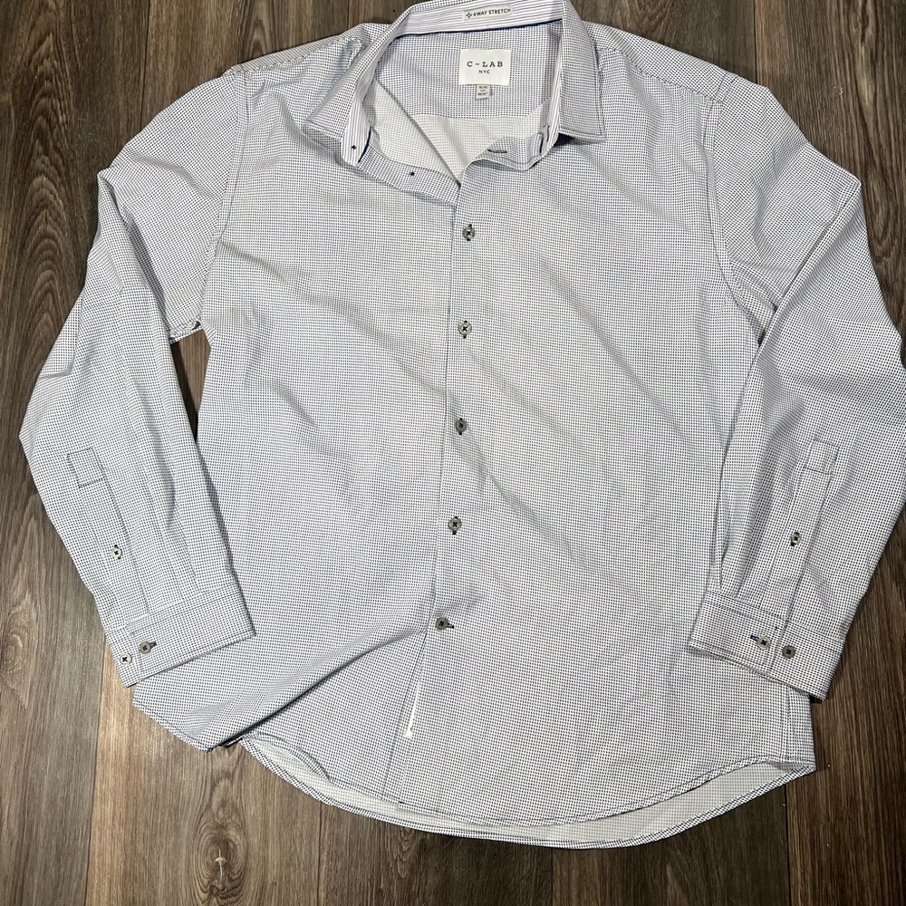 C-LAB NYC  Button Down Shirt Slim Fit Blue Dotted Men's XL 4 Way Stretch